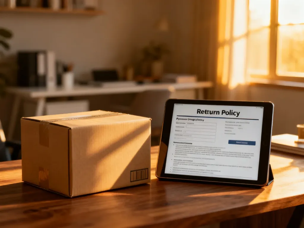 Kartonowe pudełko i tablet z dokumentem zwrotu na biurku, symbolizujące proces obsługi reklamacji w sklepie internetowym.