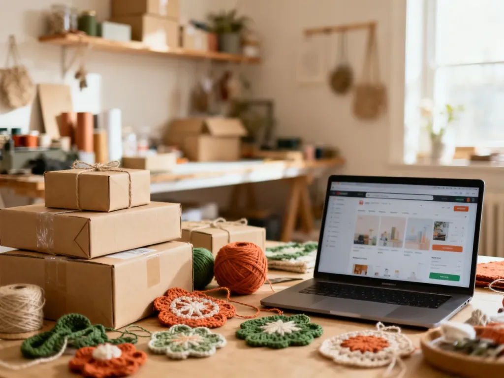 Ręcznie robione przedmioty i paczki na biurku z laptopem w przytulnym domowym warsztacie, gotowe do wysyłki zamówień z Etsy.