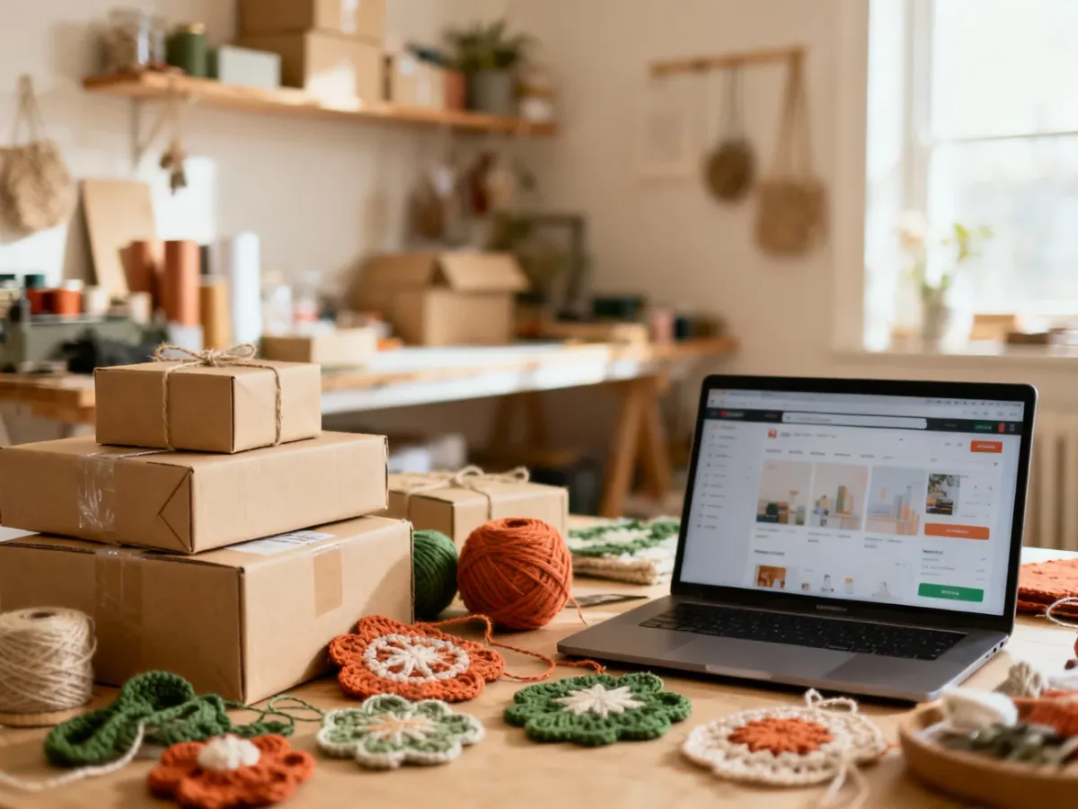 Ręcznie robione przedmioty i paczki na biurku z laptopem w przytulnym domowym warsztacie, gotowe do wysyłki zamówień z Etsy.