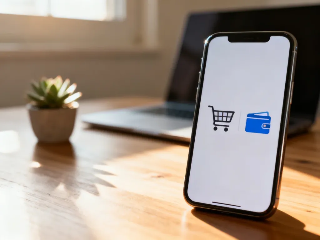 Smartfon z otwartą aplikacją zakupową na tle biurka, symbolizujący proces płatności online i zarządzanie sprzedażą.