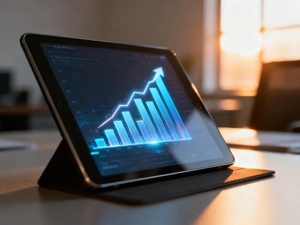 Tablet z wykresem wzrostu finansowego, symbolizujący korzyści z inwestycji w wyróżnienie oferty na platformie sprzedażowej.