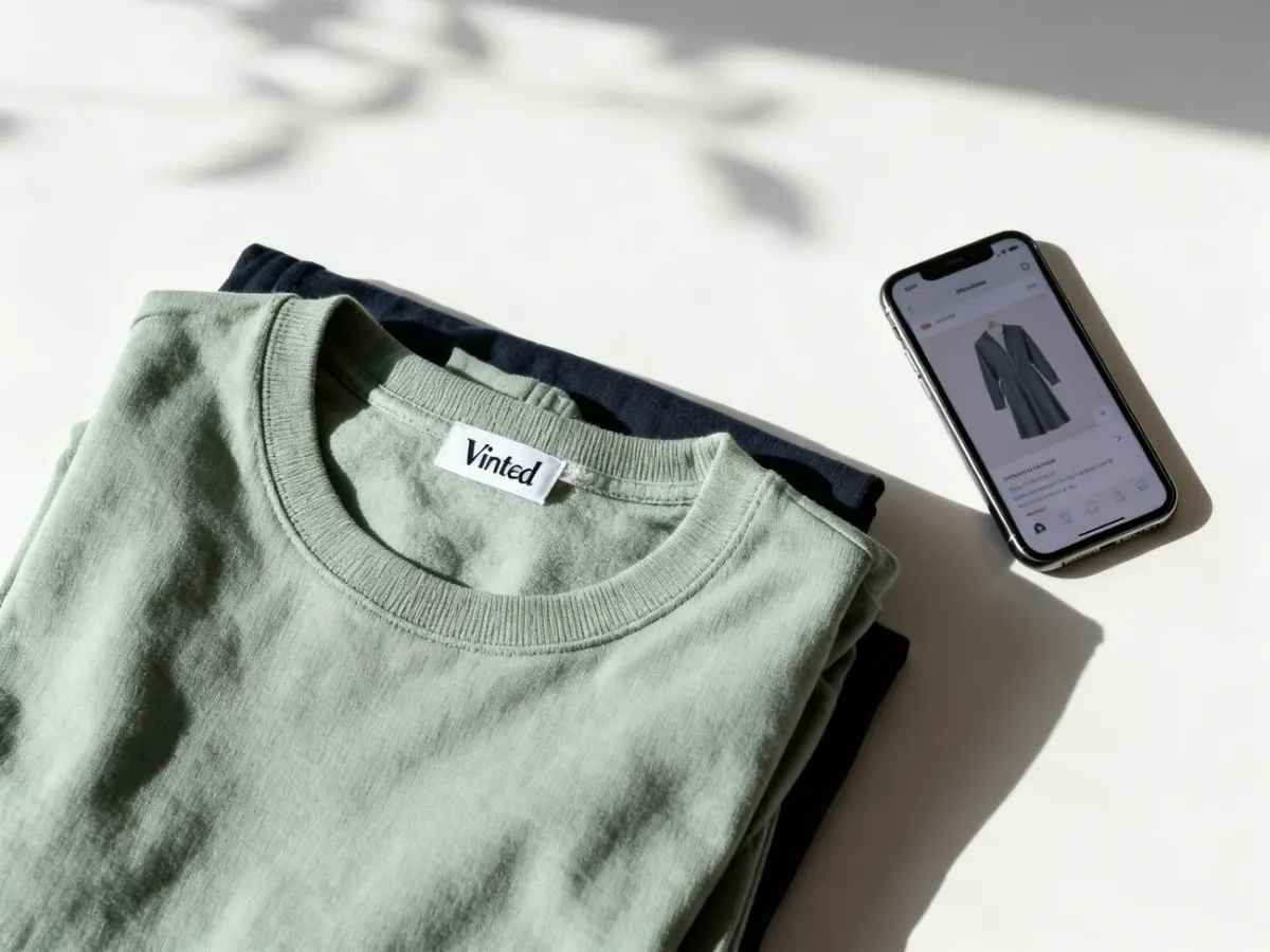 Starannie przygotowane ubranie do wystawienia na Vinted obok smartfona