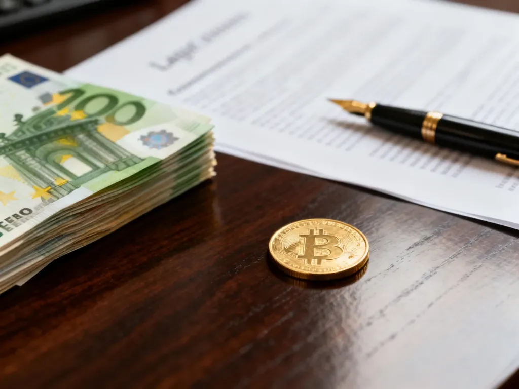 Stos banknotów euro i złota moneta na drewnianym biurku obok dokumentów prawnych, symbolizujące proces odzyskiwania należności.