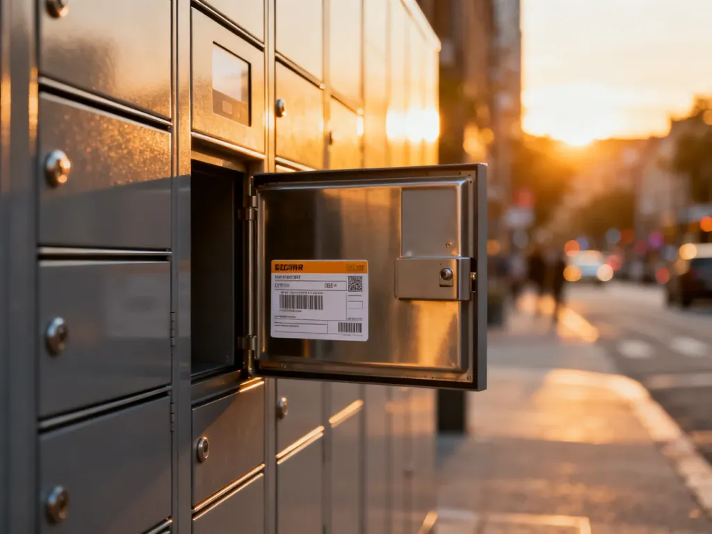 Nowoczesny automat paczkowy z otwartymi drzwiczkami i etykietą adresową na tle miejskiego krajobrazu o zachodzie słońca.