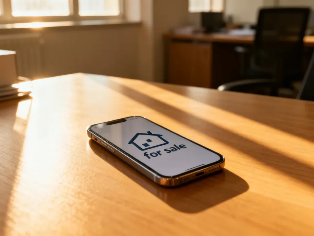 Smartfon z ikoną sprzedaży na drewnianym biurku w świetle zachodzącego słońca, symbolizujący handel w internecie.