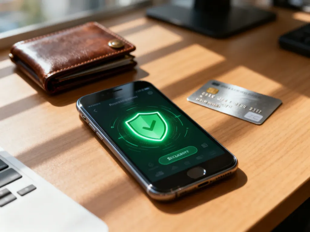 Smartfon z ikoną bezpiecznej płatności na tle portfela i karty, symbolizujący bezpieczne metody transakcji online.