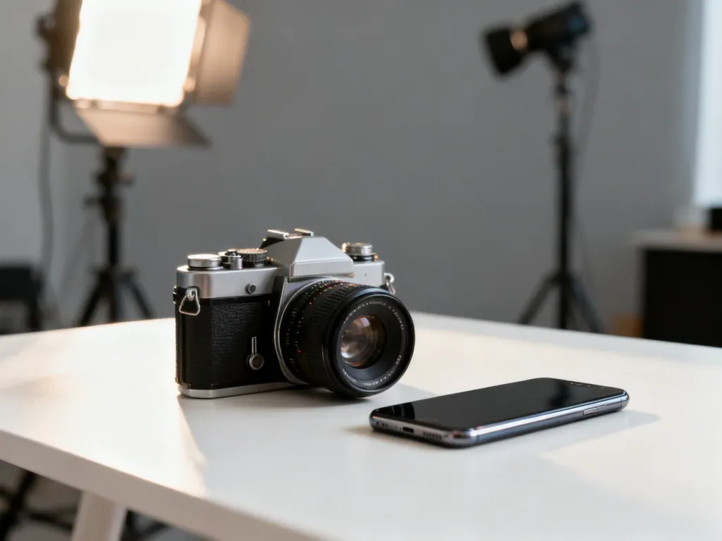 Profesjonalne stanowisko do fotografii produktowej z aparatem i smartfonem na białym stole w miękkim świetle.