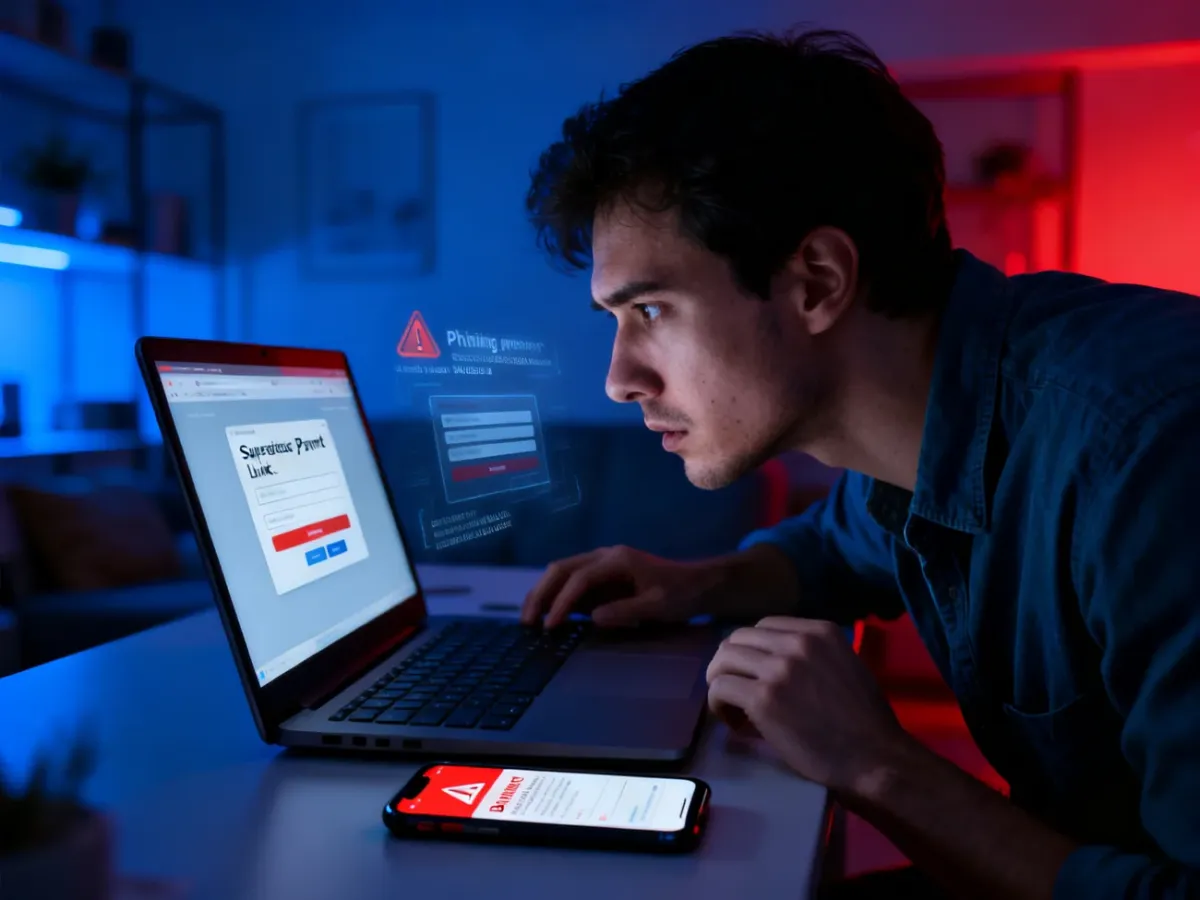 Użytkownik sprawdza podejrzany link do płatności obok telefonu z alertem bankowym