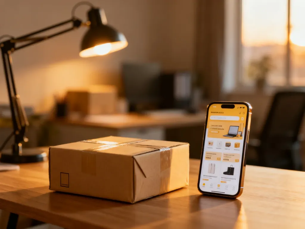 Nowoczesne stanowisko pracy e-commerce z paczką i smartfonem z aplikacją sprzedażową na biurku.