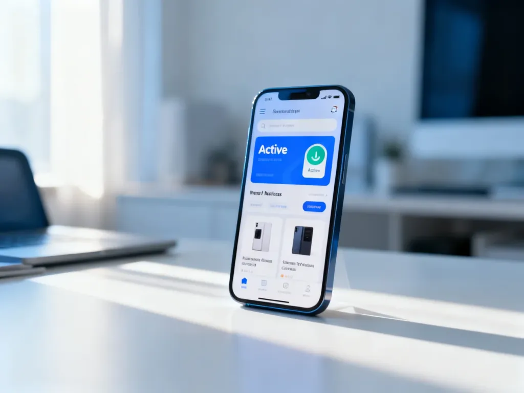 Ekran smartfona z widocznym statusem aktywności ogłoszenia na tle nowoczesnego biura.