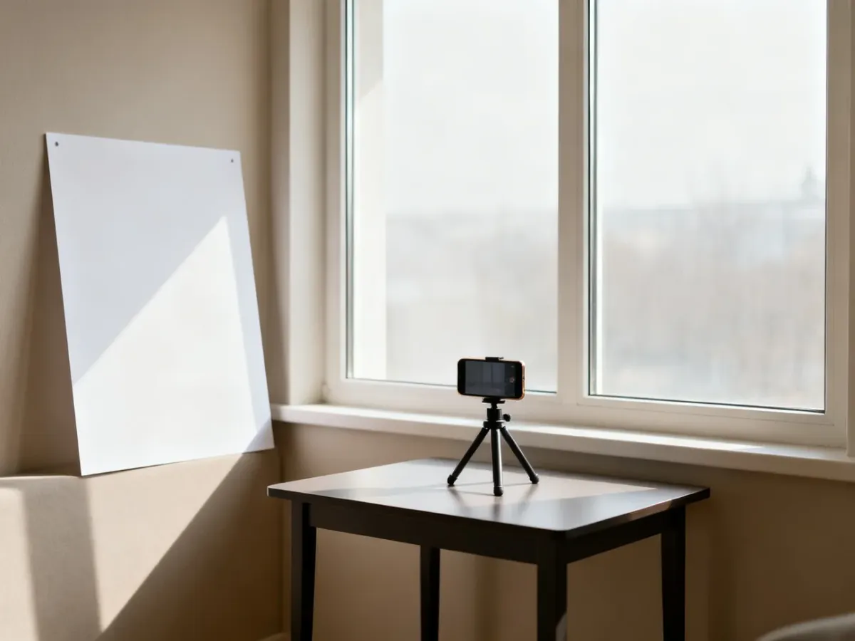 Domowe stanowisko fotograficzne przy oknie z telefonem i blendą