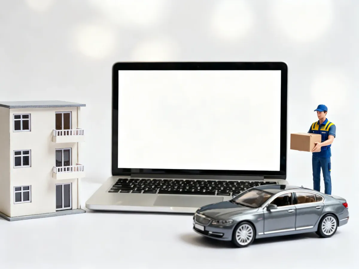 Laptop displaying a variety of classified listing categories, including property, car, and job offers