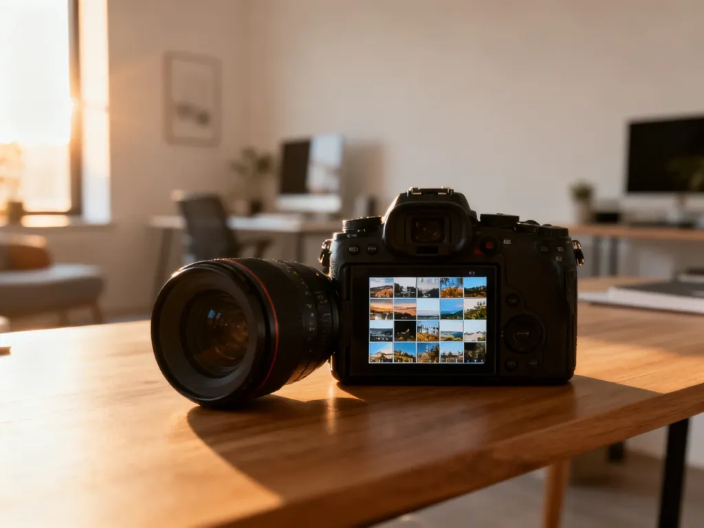 Profesjonalny aparat na biurku z wyświetlaczem pełnym zdjęć, ilustrujący przygotowanie fotografii do ogłoszenia sprzedaży.