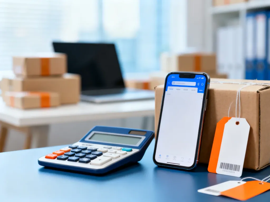 Biurko z kalkulatorem, smartfonem i paczką, symbolizujące zarządzanie sprzedażą i obliczanie prowizji w e-commerce.